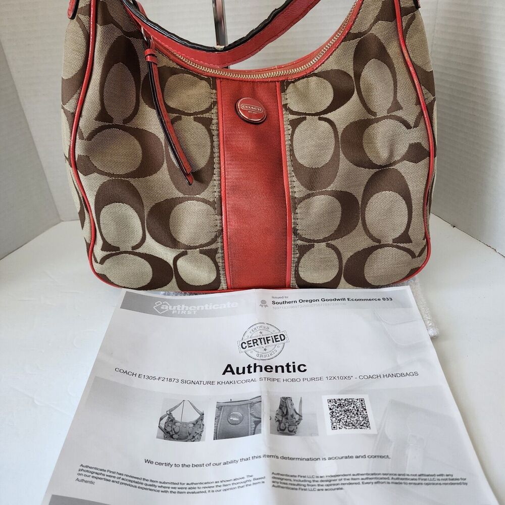 Coach Signature Hobo Tan Canvas Coral Stripe Zip Closure Crossbody READ w/COA